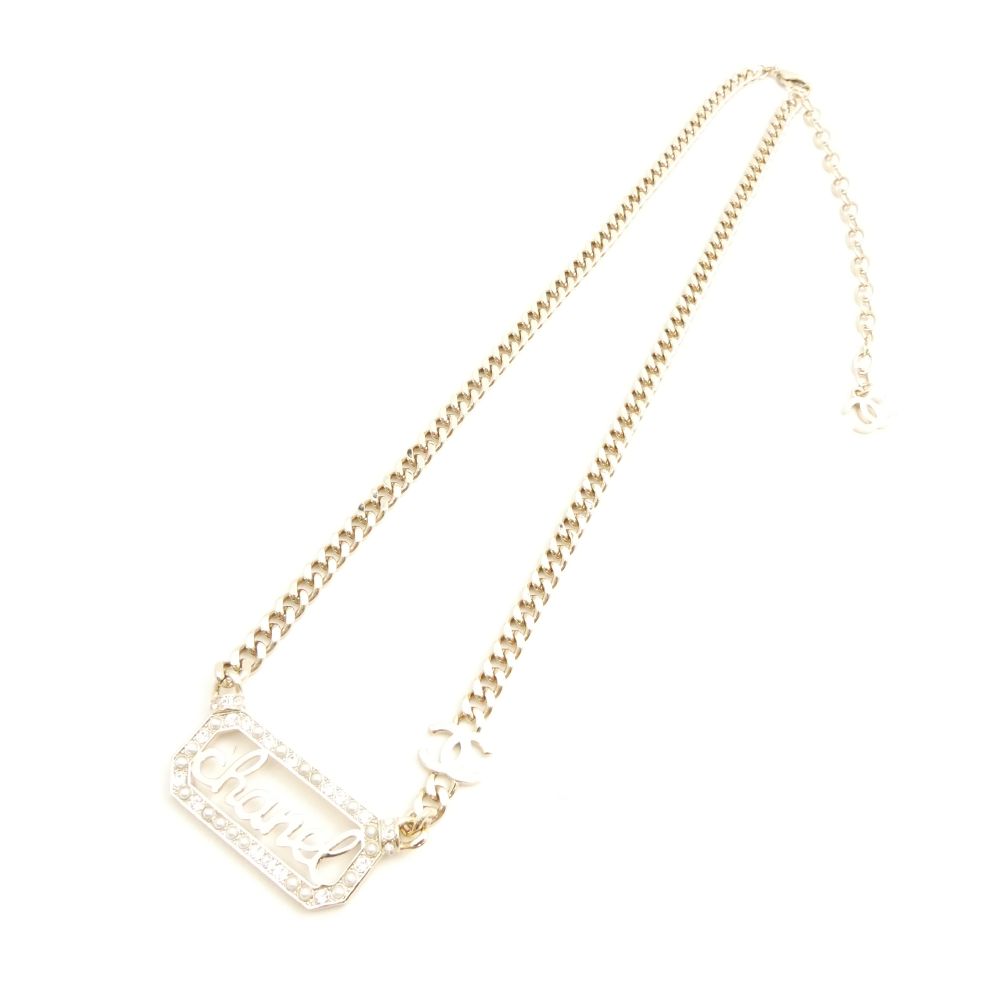 美品 CHANEL シャネル L23B ネックレス ロゴプレート ラインストーン パール レディース AD1599W2 【中古】