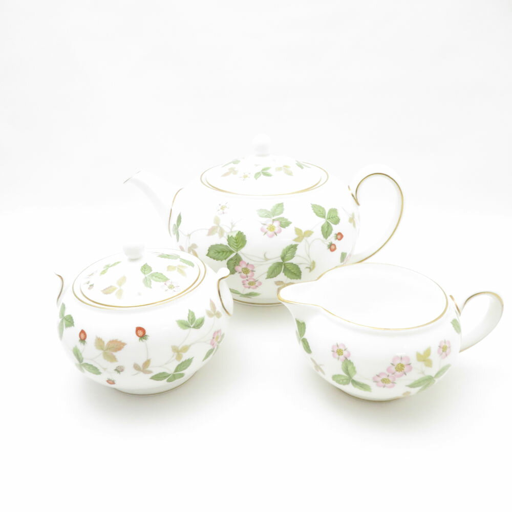 WEDGWOOD ウェッジウッド ワイルドストロベリー ティーポット＆クリーマー＆シュガーポット 3点 セット 茶器 ミルク 黒壺 旧刻印 SC10612L2 【中古】
