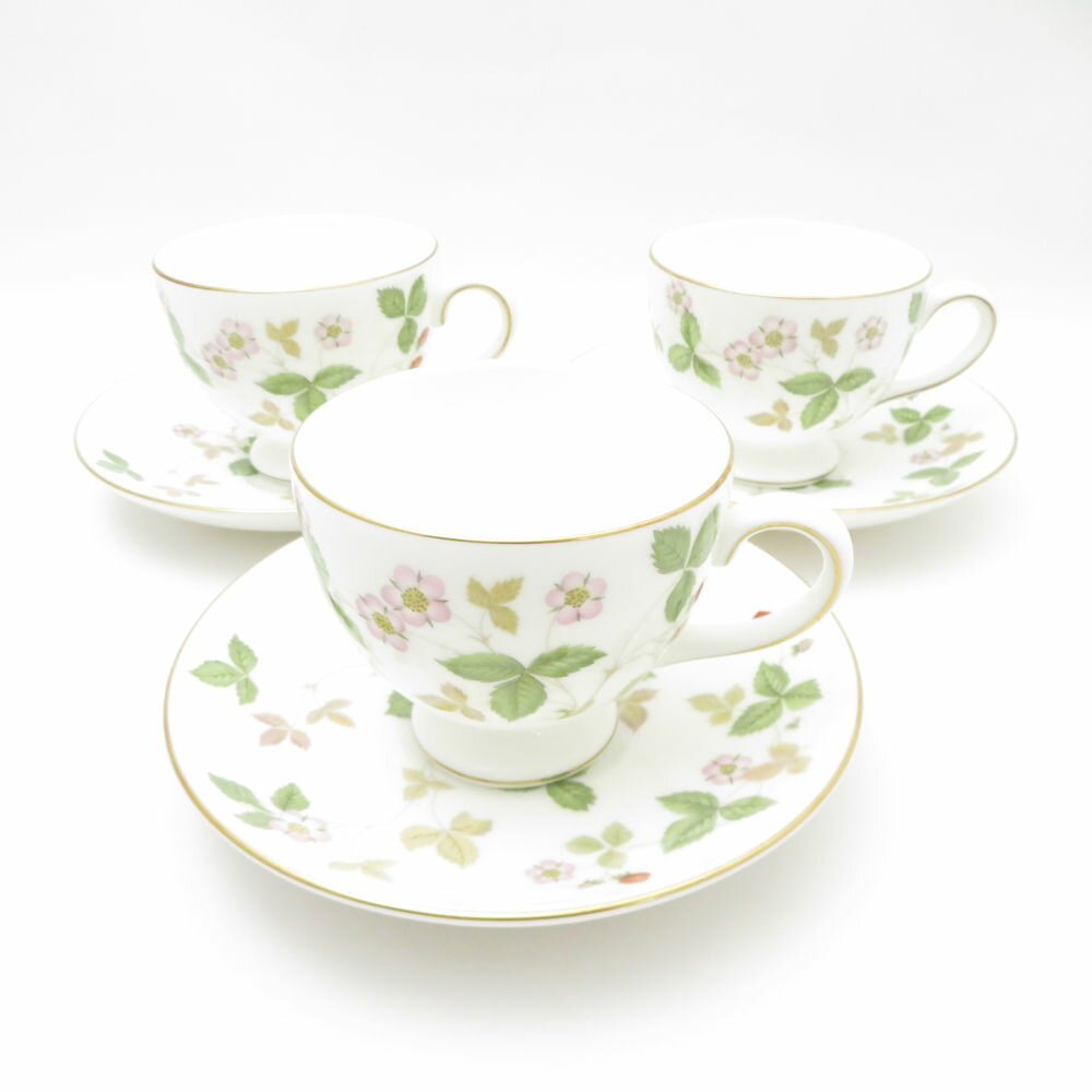 WEDGWOOD ウェッジウッド ワイルドストロベリー ティーカップ＆ソーサー 3客 セット リー 黒壺 旧刻印 SC10613L2 【中古】