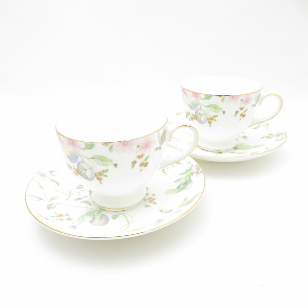 美品 WEDGWOOD ウェッジウッド スウィートプラム ティーカップ＆ソーサー 2客 ペア リー スイート 花柄 金彩 英国 SU13708J2 【中古】