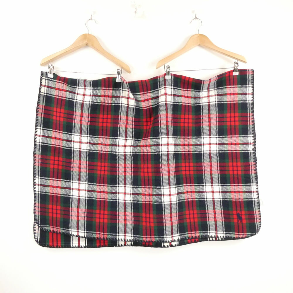 美品 RALPH LAUREN ラルフローレン ブランケット コットン100％ ネイビー グリーン ホワイト チェック 大判 レディース AD1501A87 【中古】