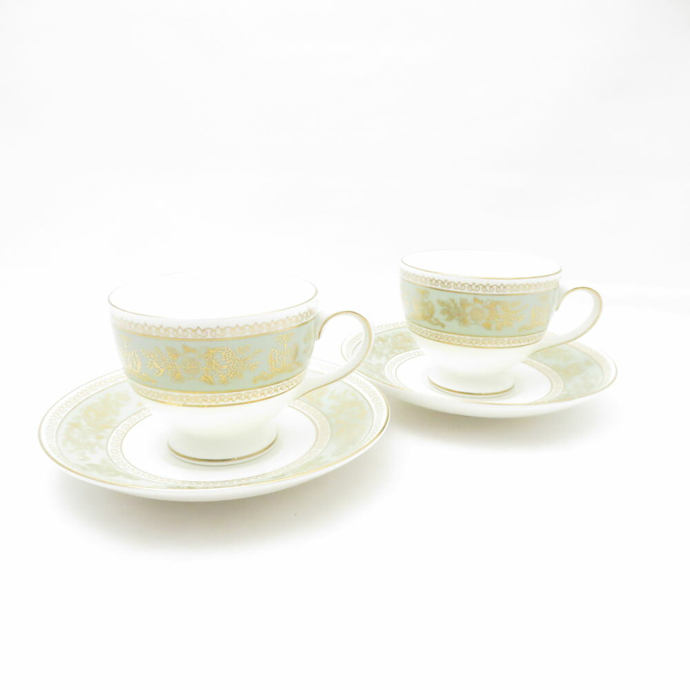 WEDGWOOD ウェッジウッド コロンビア セージグリーン ティーカップ＆ソーサー 2客 ペア リー 黒壺 旧刻印 SC10619A2 【中古】