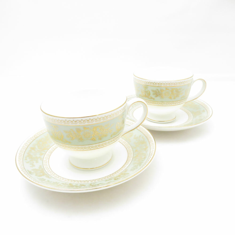 WEDGWOOD ウェッジウッド コロンビア セージグリーン ティーカップ＆ソーサー 2客 ペア リー 黒壺 旧刻印 SC10621A2 【中古】