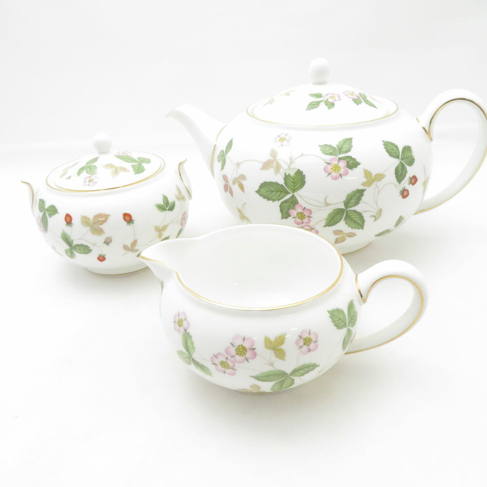 美品 WEDGWOOD ウェッジウッド ワイルドストロベリー ティーポットL シュガーポット クリーマー 3点 セット 茶器 砂糖 クリーム ミルク 英国 SU13718V1 【中古】