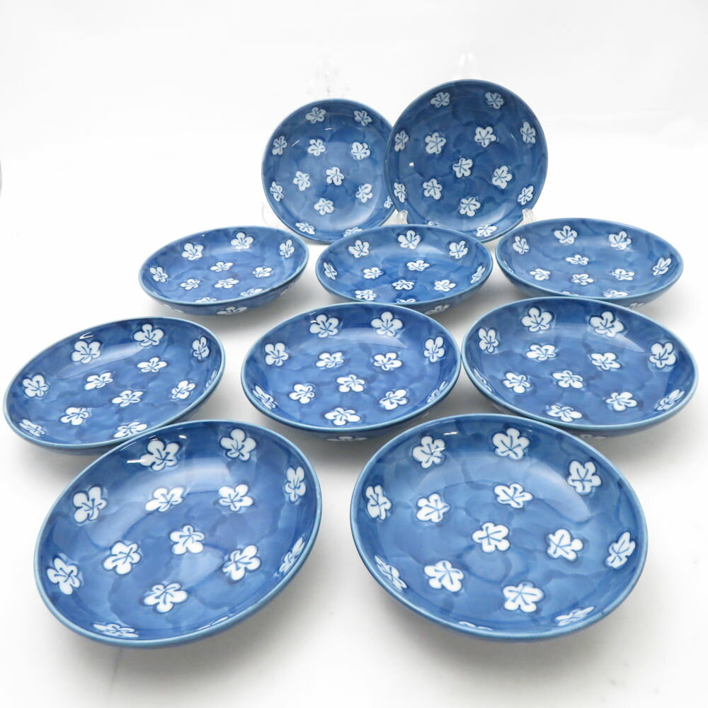 美品 源右衛門窯 古染風梅紋 小皿 10枚 11cmプレートセット 有田 伊万里 和食器 SU13726A2 【中古】