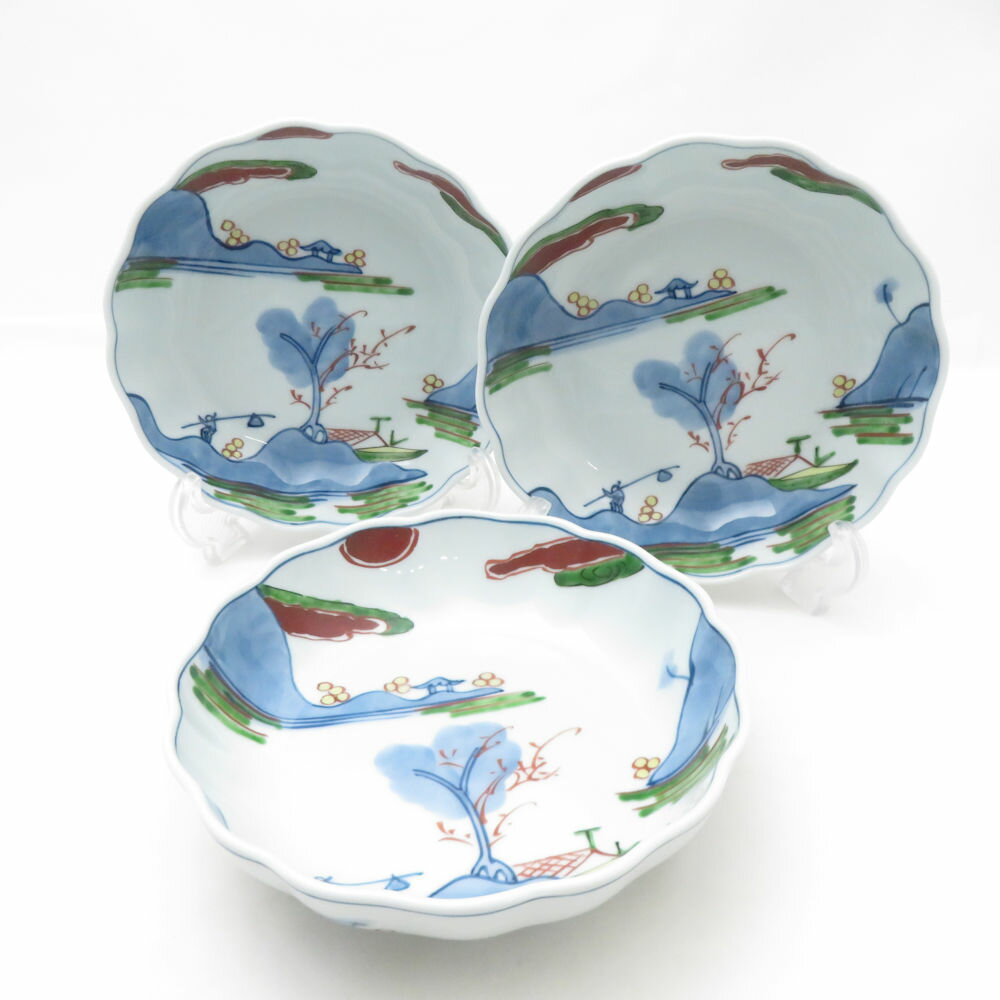 源右衛門窯 染錦山水絵 深皿 3枚 セット 15cm 鉢 ボウル 向付 有田 伊万里 SU13727A2 【中古】