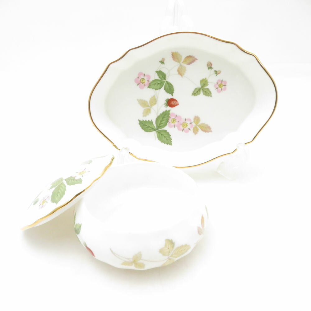 美品 WEDGWOOD ウェッジウッド ワイルドストロベリー 小物入れ ミニオーバルトレイ 2点 セット 黒壺 旧刻印 小皿 プレート 蓋付 SC10542K2 【中古】