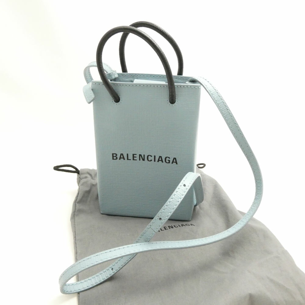 BALENCIAGA バレンシアガ ショッピング フォンホルダー ショルダーバッグ 水色 ブラック ロゴ ミニ レディース AD1651W1 【中古】