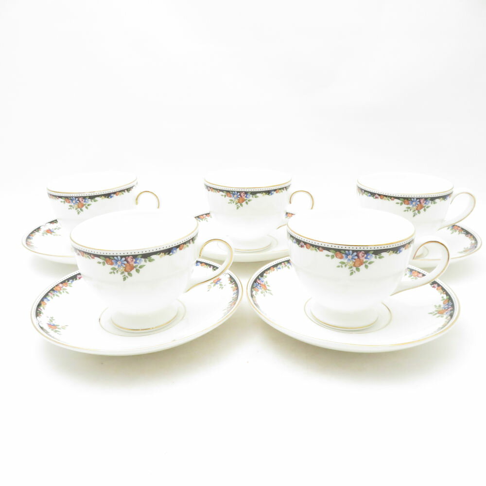 美品 WEDGWOOD ウェッジウッド オズボーン ティーカップ＆ソーサー 5客 セット リー 紅茶 コーヒー 花柄 英国 黒壺 SU13683C1 【中古】