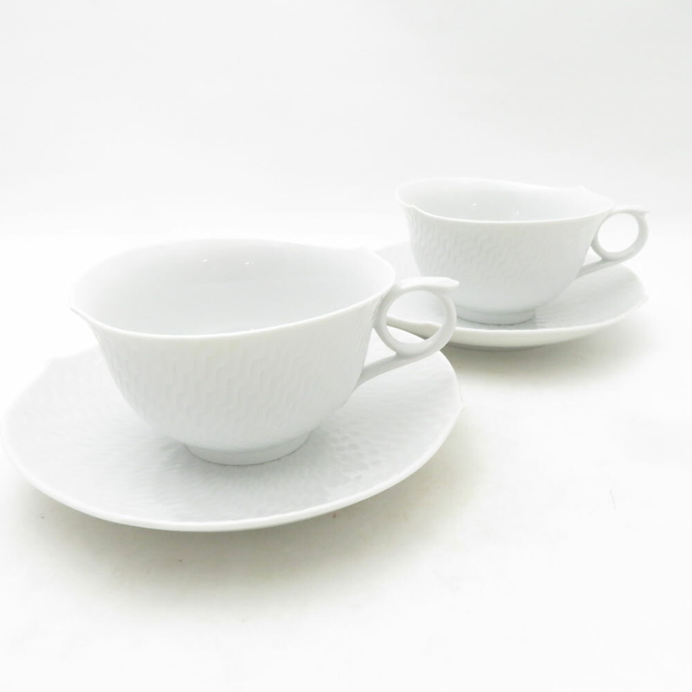 美品 MEISSEN マイセン 波の戯れ ティーカップ＆ソーサー 2客 ペア 白磁 高級食器 テーブルウェア SU13694C2 【中古】