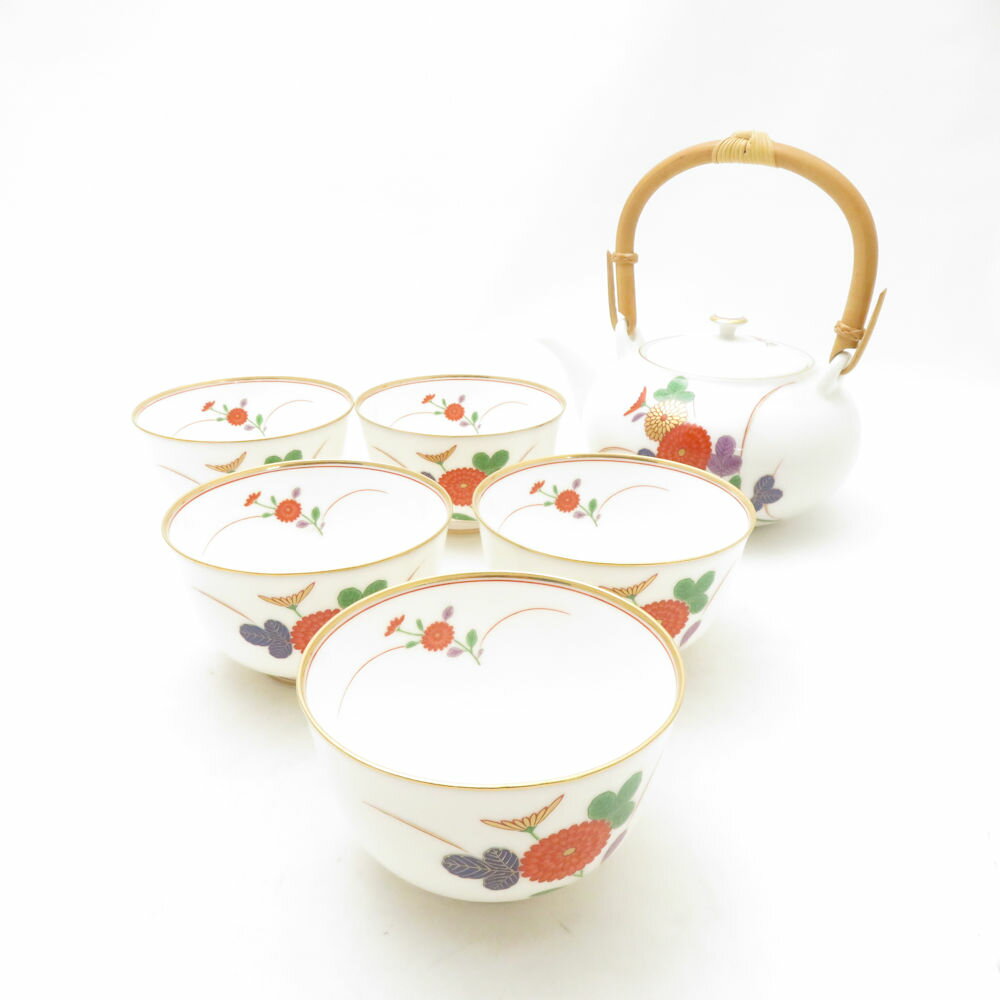 Rakuten - 美品 kouransya 香蘭社 菊紋 急須＆湯呑 6点 セット 茶器揃 花 和食器 白磁 金縁 色絵 SC10896P1 【中古】
