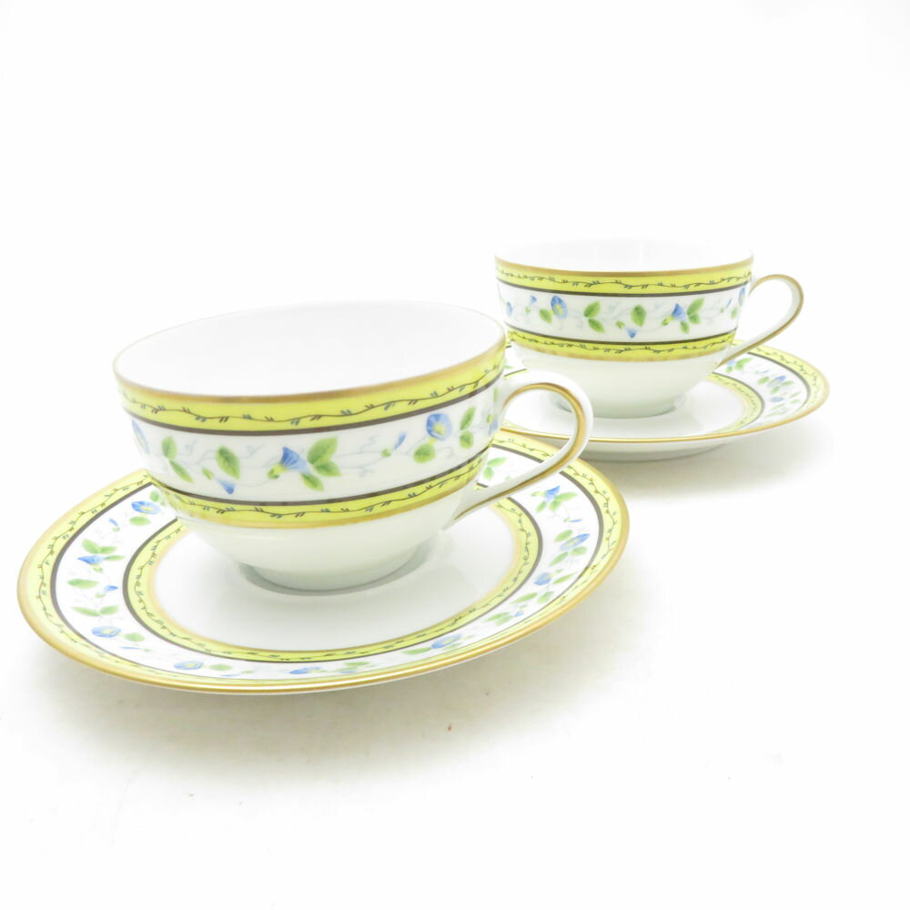 RAYNAUD レイノーリモージュ モーニンググローリー ティーカップ＆ソーサー 2客 ペア 花柄 朝顔 フランス SC10787B1 【中古】