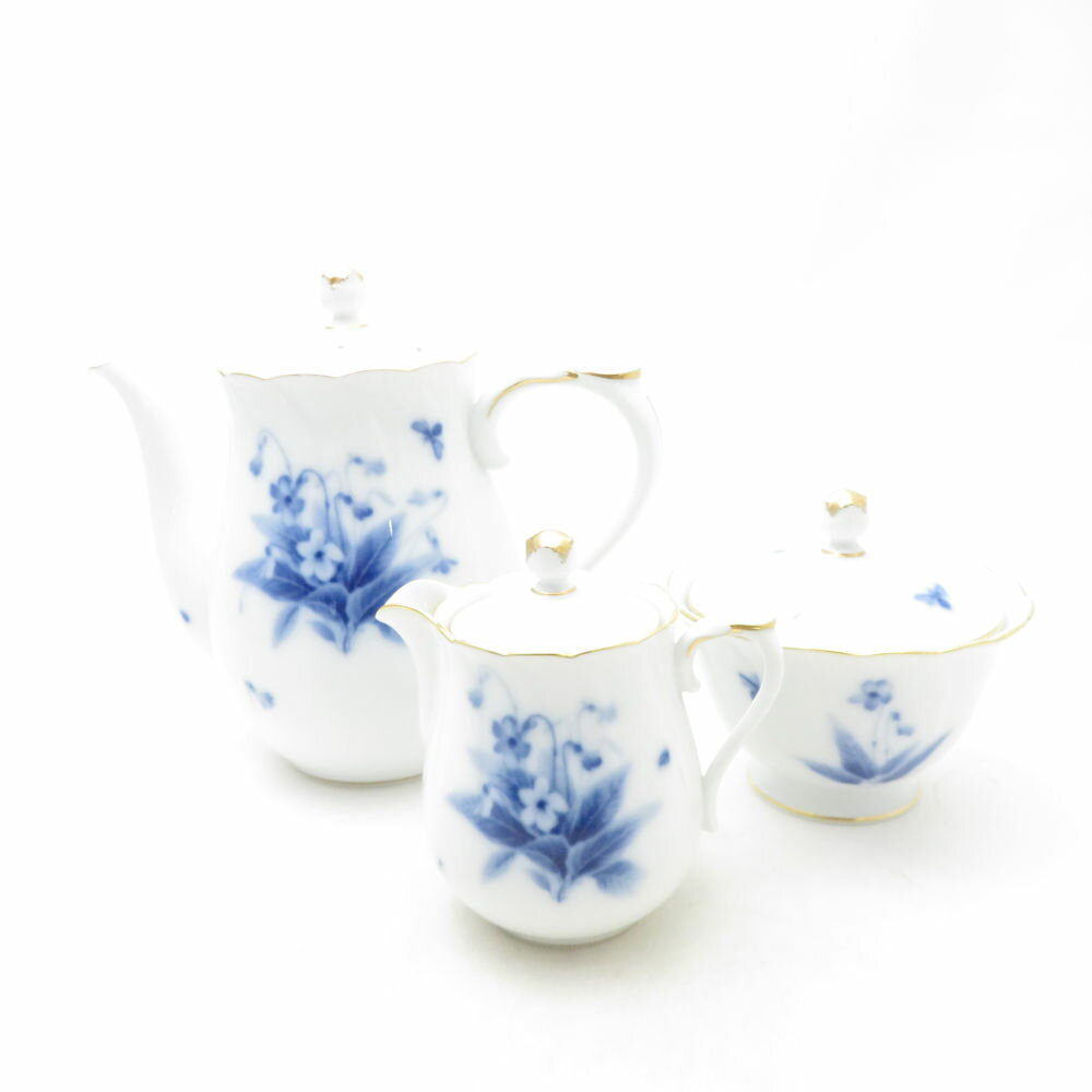 Metallic - OKURA 大倉陶園 ブルーバイオレット ポット クリーマー シュガーポット 3点 セット 茶器 珈琲 砂糖 クリーム ミルク 花 SU13804X1 【中古】