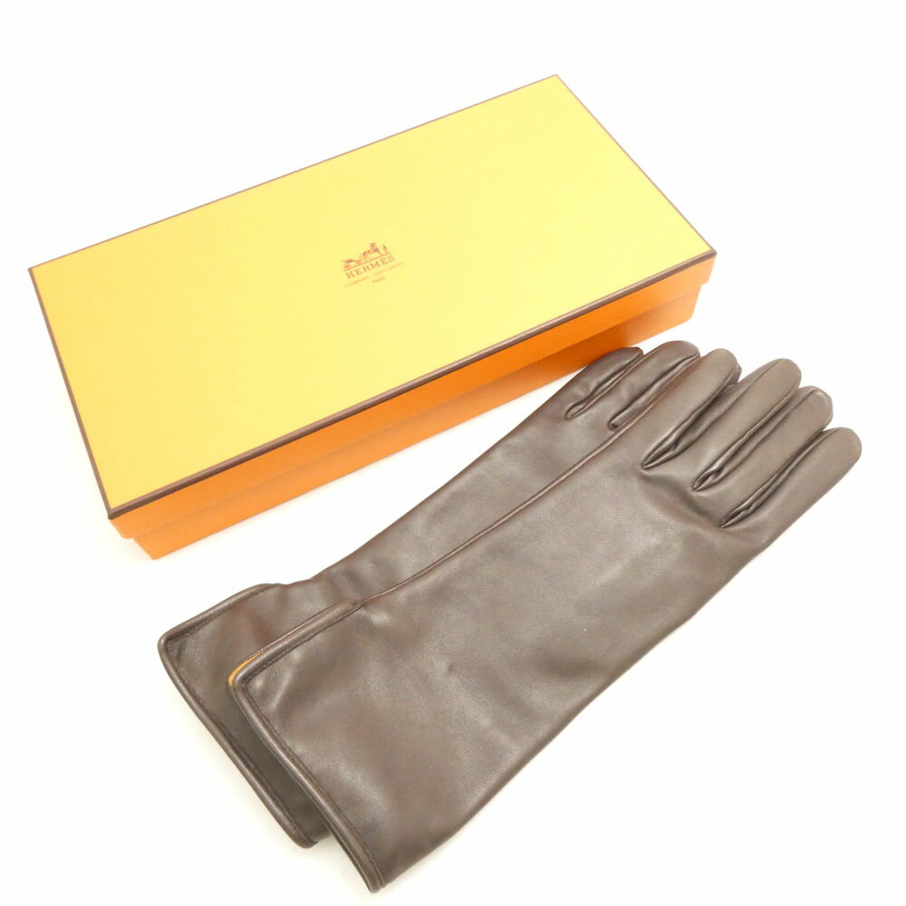 丝 - 美品 HERMES エルメス グローブ 7 1/2(7ハーフ) ラムスキン シルク100％ 手袋 レザー レディース AC1797 【中古】