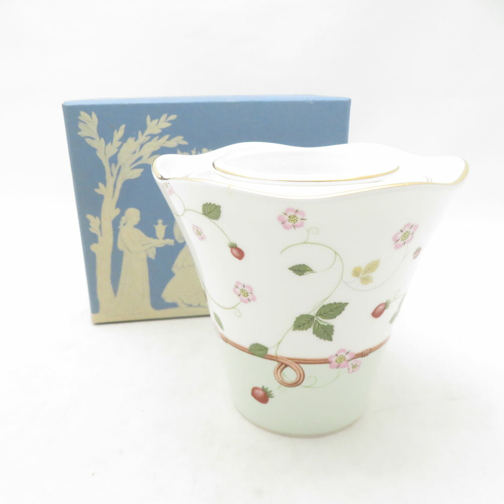 美品 WEDGWOOD ウェッジウッド ワイルドストロベリー キャンドルホルダー付フラワーベース 花瓶 ロウソク 英国 金彩 緑 白 花柄 SU14016G1 【中古】