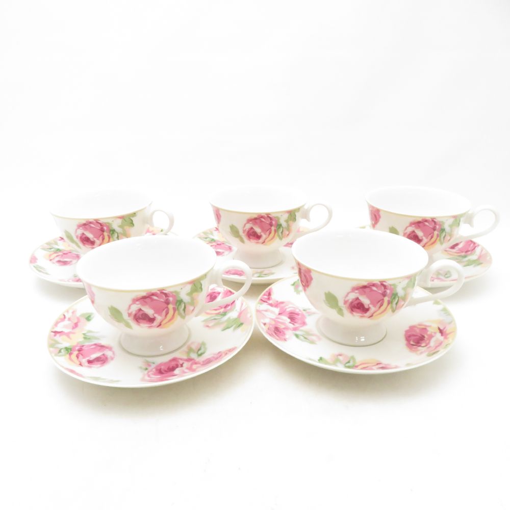 Rakuten - 美品 LAURA ASHLEY ローラアシュレイ クチュールローズ ティーカップ＆ソーサー 5客 ポーセリン セット 紅茶 英国 日本製 薔薇 バラ ばら SU14178F2 【中古】