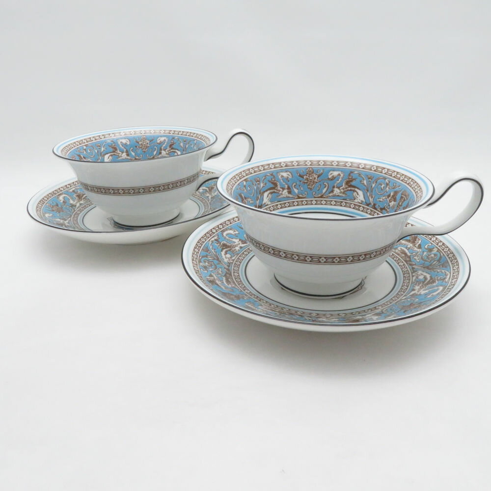 樂天商城 - 美品 WEDGWOOD ウェッジウッド フロレンティーンターコイズ ティーカップ＆ソーサー 2客 ペア ピオニー 紅茶 英国 黒壺 SU14416U1 【中古】