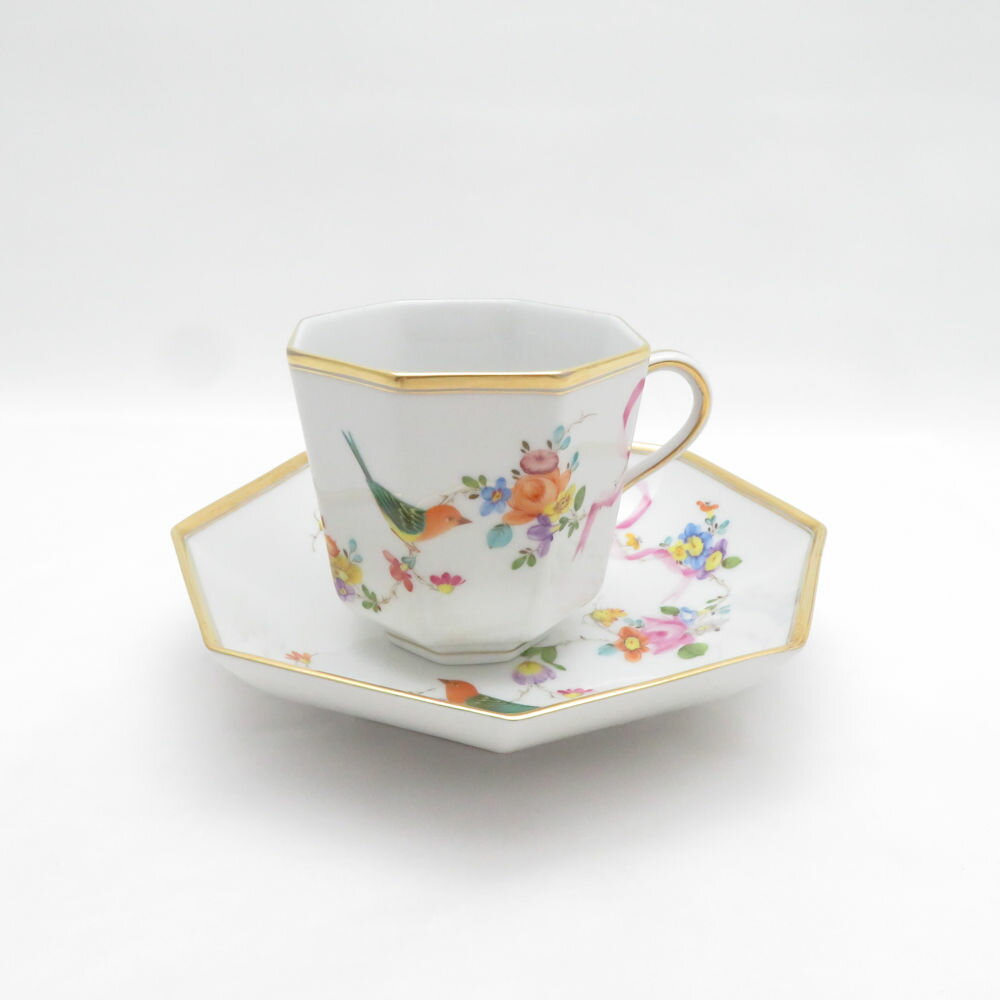 乐天商城 - 美品 Herend ヘレンド 地中海の庭 JM 4304 オクタゴナルカップ＆ソーサー コーヒー 八角 シノワズリ 鳥 花 金 リボン SU14453C1 【中古】