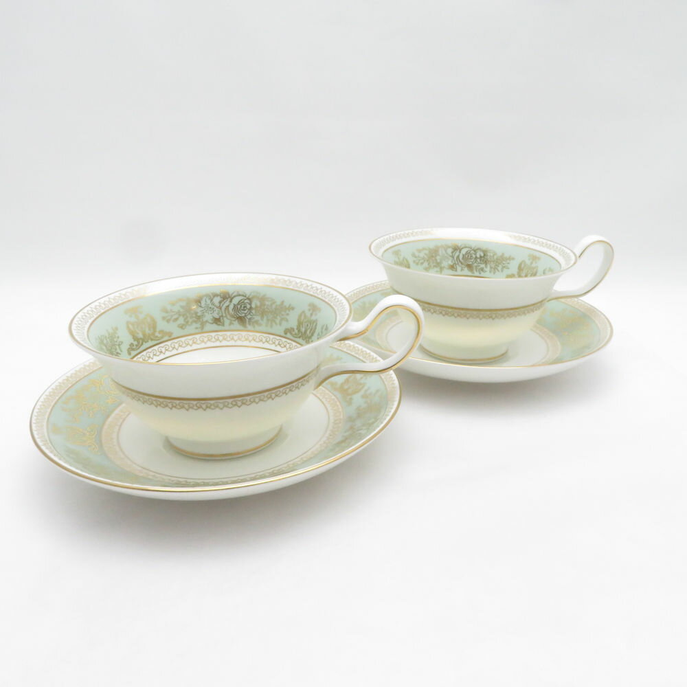 乐天商城 - 美品 WEDGWOOD ウェッジウッド コロンビアセージグリーン ティーカップ＆ソーサー 2客 ペア ピオニー 紅茶 英国 黒壺 金彩 SU14493U2 【中古】