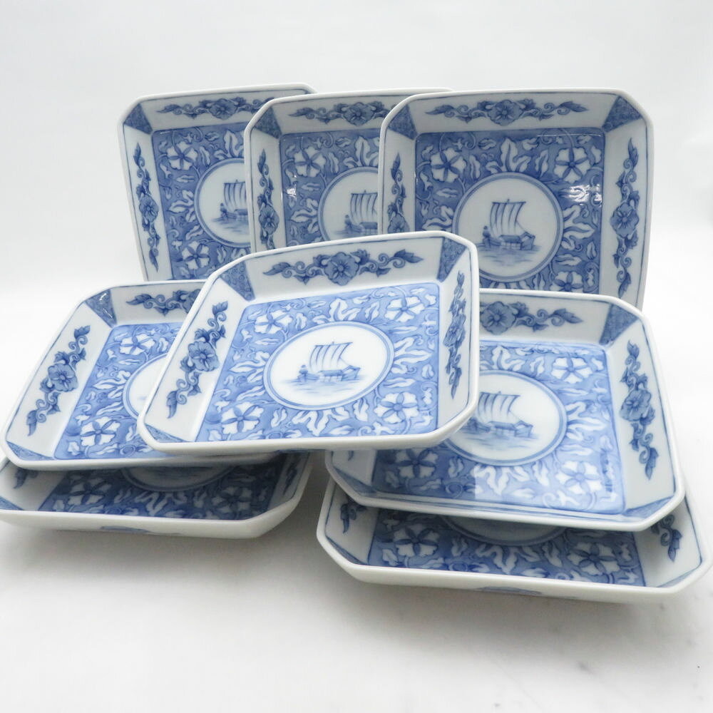 Fukagawa Seiji 深川製磁 角皿 8枚 プレートセット 船 青 白 有田焼 和食器 SU14292F1 