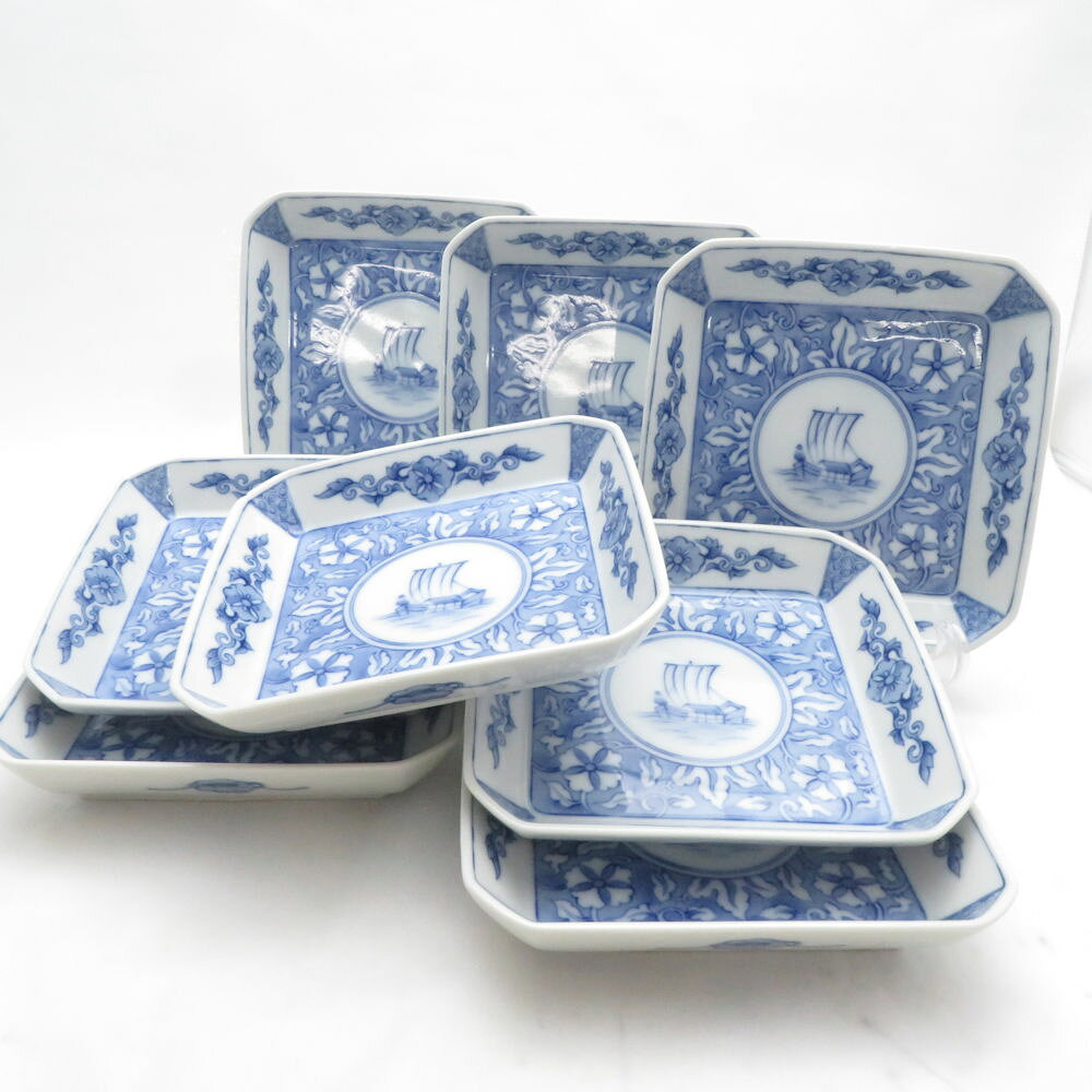 Fukagawa Seiji 深川製磁 角皿 8枚 プレートセット 船 青 白 有田焼 和食器 SU14293F1 