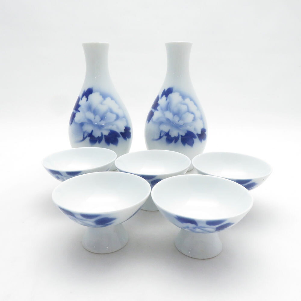 美品 Fukagawa Seiji 深川製磁 酒器揃 7点 セット 徳利 酒杯 盃 染付 有田焼 和食器 SU14299F1 