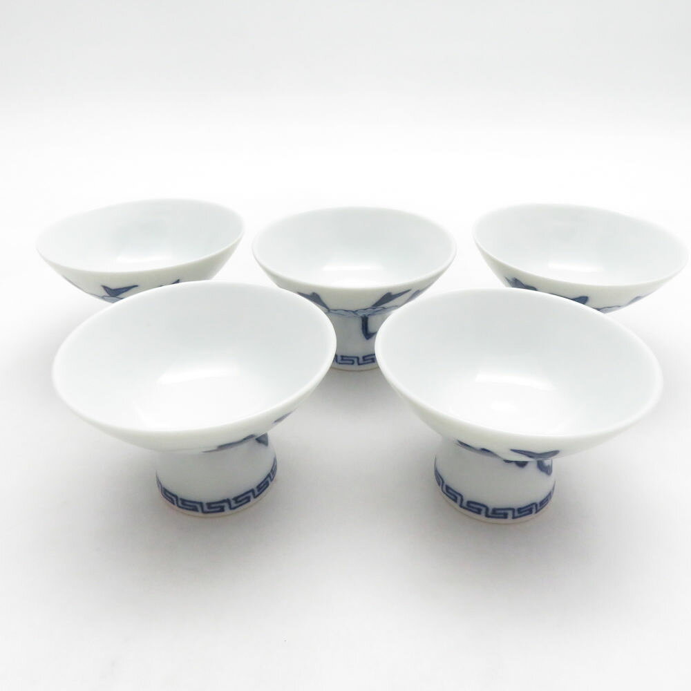 美品 源右衛門窯 染付牡丹絵 徳利 おちょこ 7点 セット 酒器 盃 有田焼 和食器 SU1...