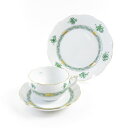 美品 Herend ヘレンド ASV-CH アポニーグリーンシンプル ティーカップ&ソーサー 19cmプレート 1セット トリオ 中皿 ケーキ デザート 金彩 ...