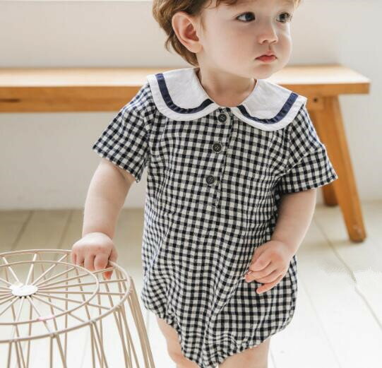 【4日20時からポイント5倍】 【 子供服 2点で15％OFF】 ベビー服 ロンパース 子供服 夏 キッズ ベビー チェック チェックロンパース ナチュラル オシャレ 女の子 襟 60cm 70cm 80cm 90cm ベージュ 韓国子供服のサムネイル