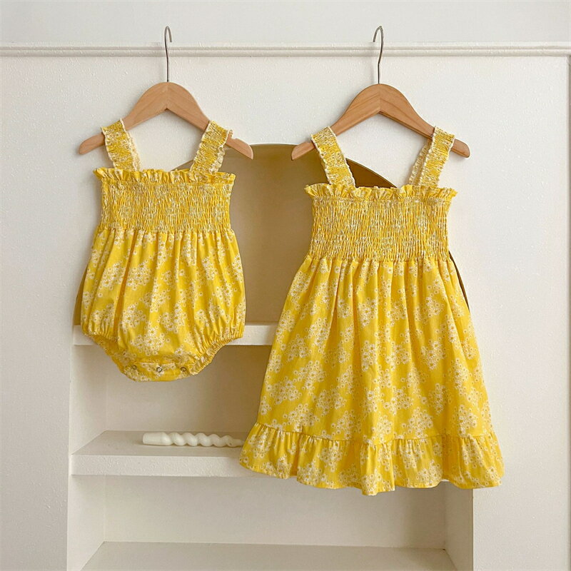 【 子供服 2点で15%OFF】 新作 子供服 女の子 夏服 ロンパース ワンピース 姉妹コーデ 可愛い お祝い ベビーフォト 66cm 73cm 80cm 90cm 100cm 110cm 120cm 130cmキッズ ナチュラル おしゃれ 写真撮影 イエロー 花柄