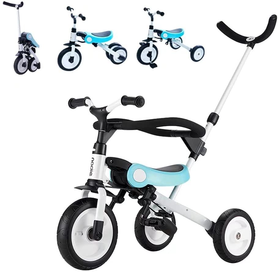 HZDMJ 3in1ベビーカー 折りたたみ三輪車 押し車 かじ付 組み立て簡単 自転車 子供用 発泡タイヤ 超軽量コンパクト 新型 便利 安全ガード付き プレゼントに最適 (ブルー)のサムネイル