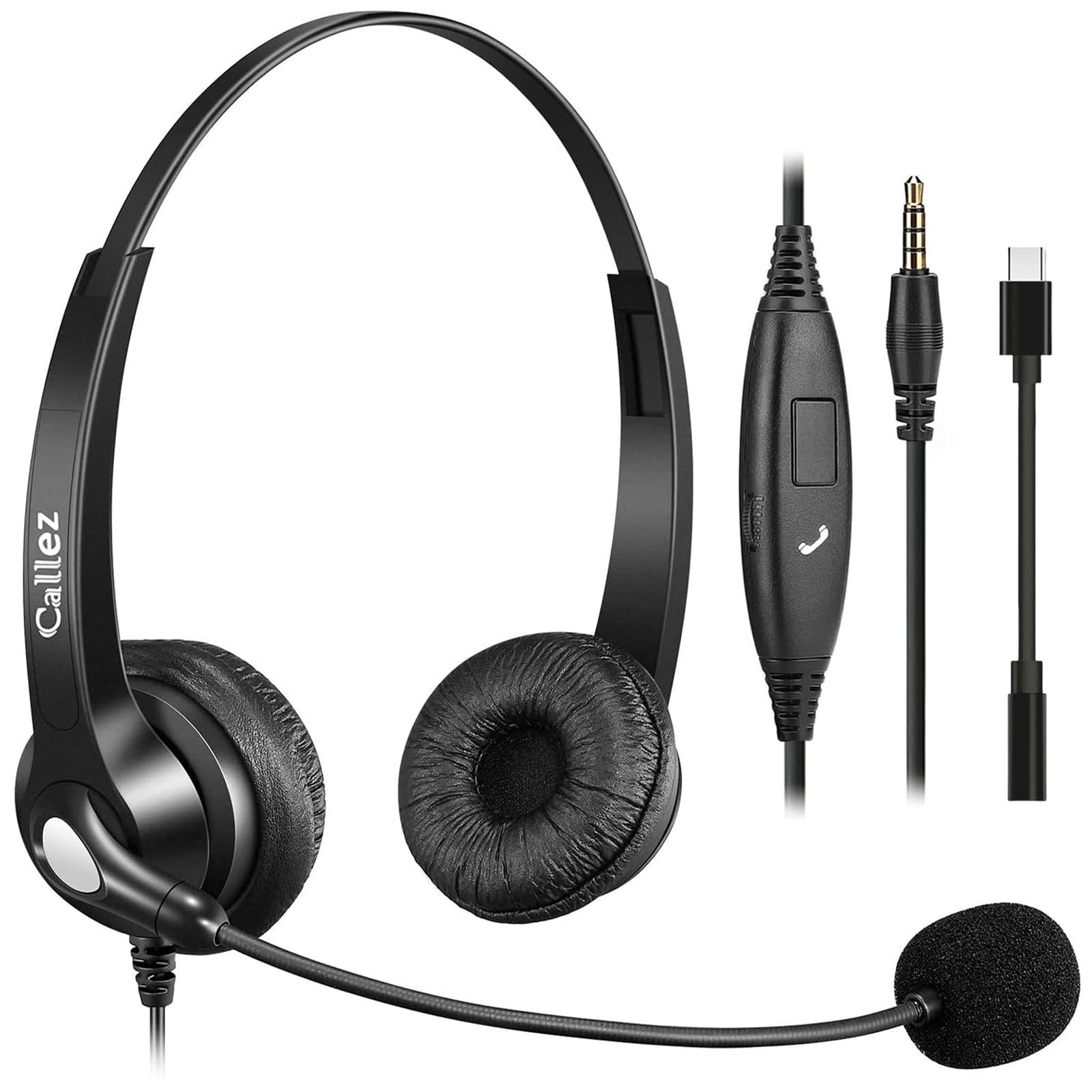 Callez ヘッドセット3.5mm/USB-C接続 ノイズキャンセリングマイク付き 有線ヘッドホン 両耳 PC用ヘッドセット 着信応答/終話 音量調節 330°回転 タイプc接続 PC iPhone iPad Android パソコン対応 Skype W