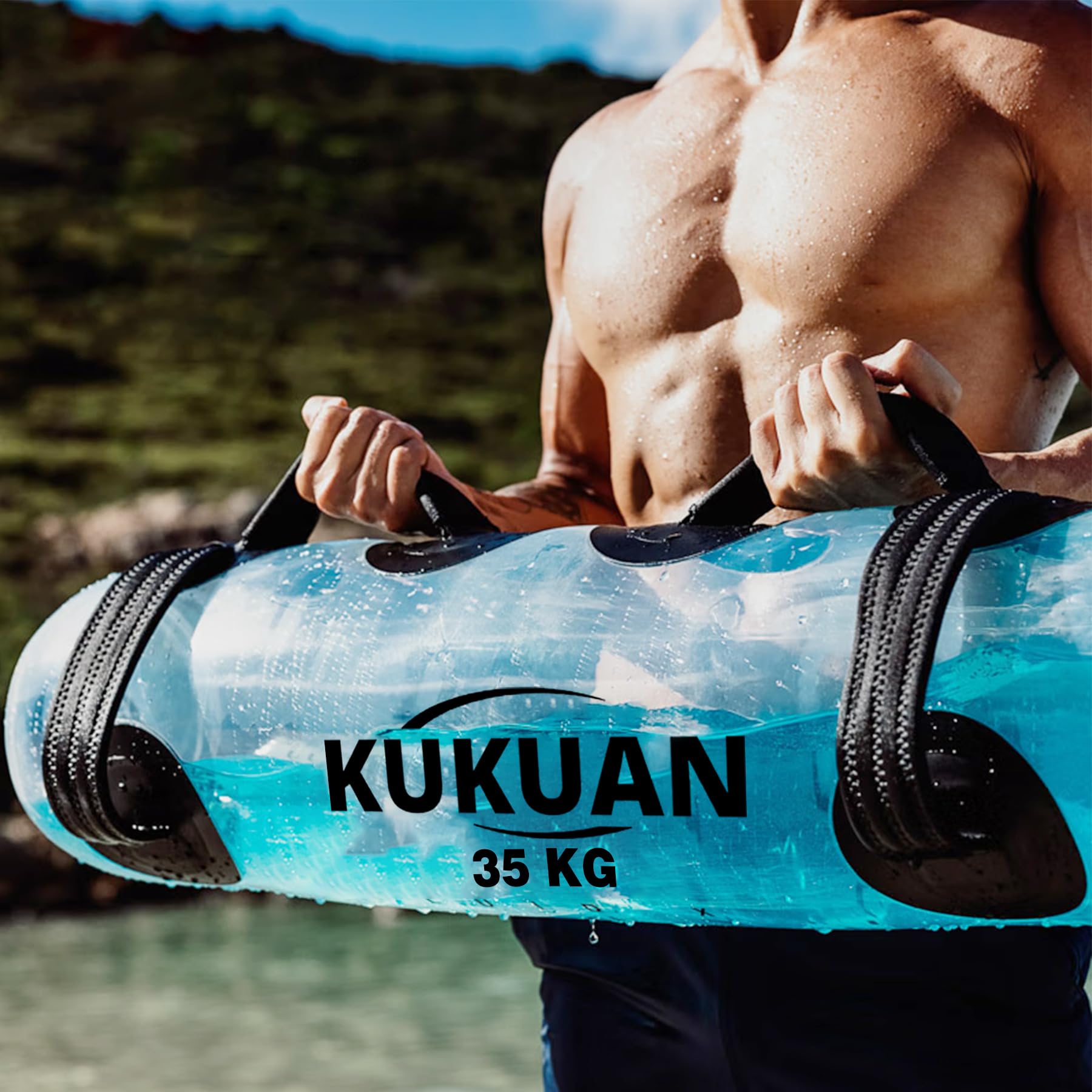 KUKUAN ウォーターバッグ トレーニング筋トレ器 10kg/20kg//35kg 体幹トレーニング 強化核心肌肉 ウォーターウェイト 簡単設計 ウォーターダンベル 目盛り線 染色剤を含まない フットポンプ付き (白い色, 35kg)