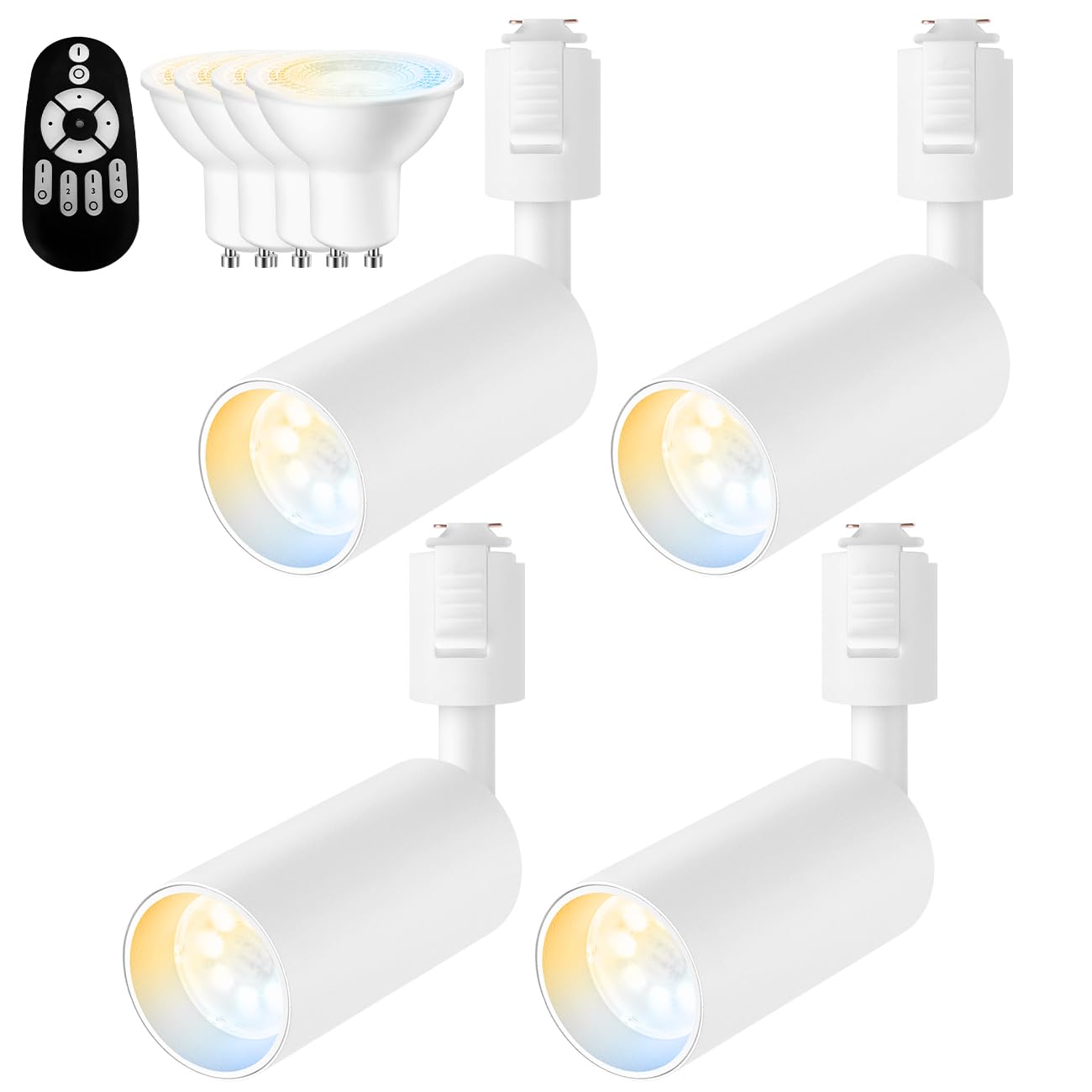 LVWIT ダクトレール用スポットライト ライティングレール用 ledスポットライト 調光調色 60W形相当 700LM 6W LED内蔵 取付簡単 天井照明 角度調節 昼光色 昼白色 電球色 常夜灯 省エネ リモコン付き ホワイト 4個セット（電池別売）