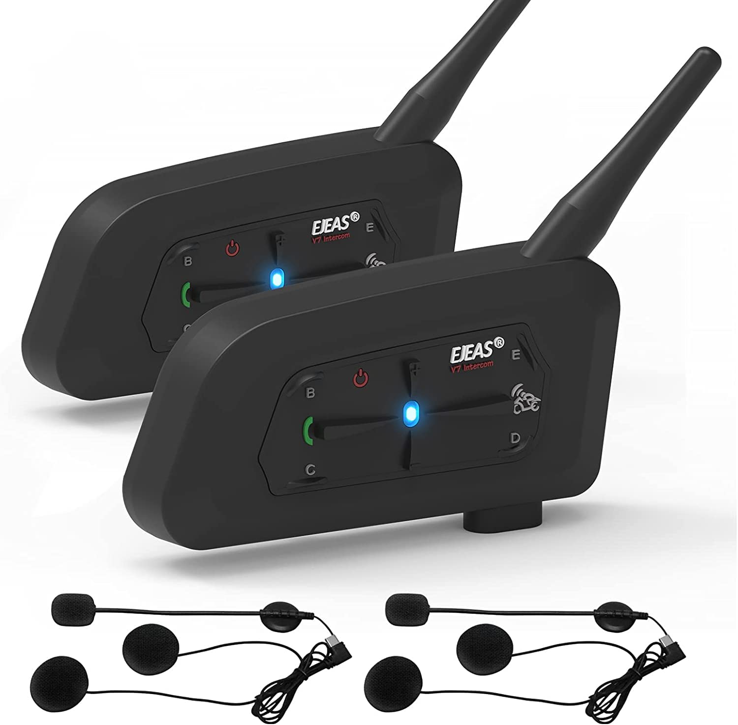 OBEST バイクインカム Bluetooth 5.1 ヘルメット用インカム 連続18H時間通話 7人接続2人同時通話 通話距離700m IP65防水 ヘルメット用インカム スマホ音楽再生/音声案内/自動通話応答/CVCノイズ軽減対応 V7 (2枚)