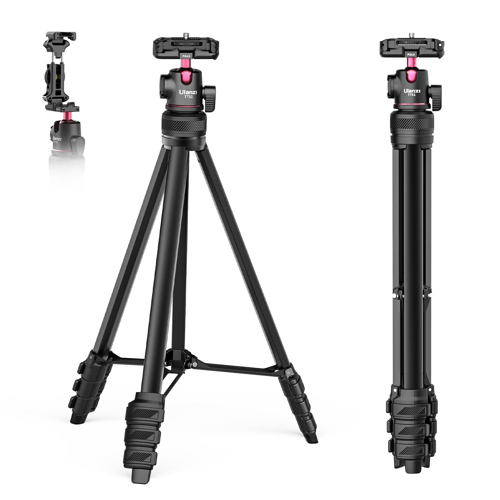 楽天RENEWUlanzi TT51 三脚 スマホ 三脚 カメラ 360度ボール雲台 5段階伸縮 アルミ製 スマホホルダー付き コールドシュー付き 耐荷重1.3KG トラベル三脚 コンパクト 軽量 安定 iPhone Android/カメラなどに対応
