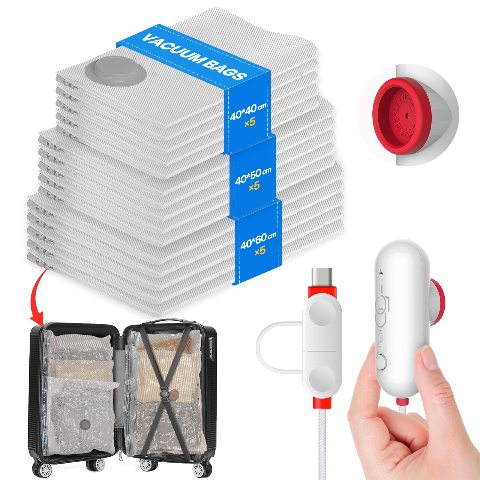 Rakuten - Vacbird 旅行用圧縮袋 衣類圧縮袋 掃除機不要 USB電動ポンプ付き 圧 縮 袋 衣類 収納 15枚 40×40cm×5/ 40×50cm×5 /40×60 cm×5 服 圧 縮 袋 高密封性 節約スペース 真空袋 防水 防塵 防臭 カビ対策 再利用