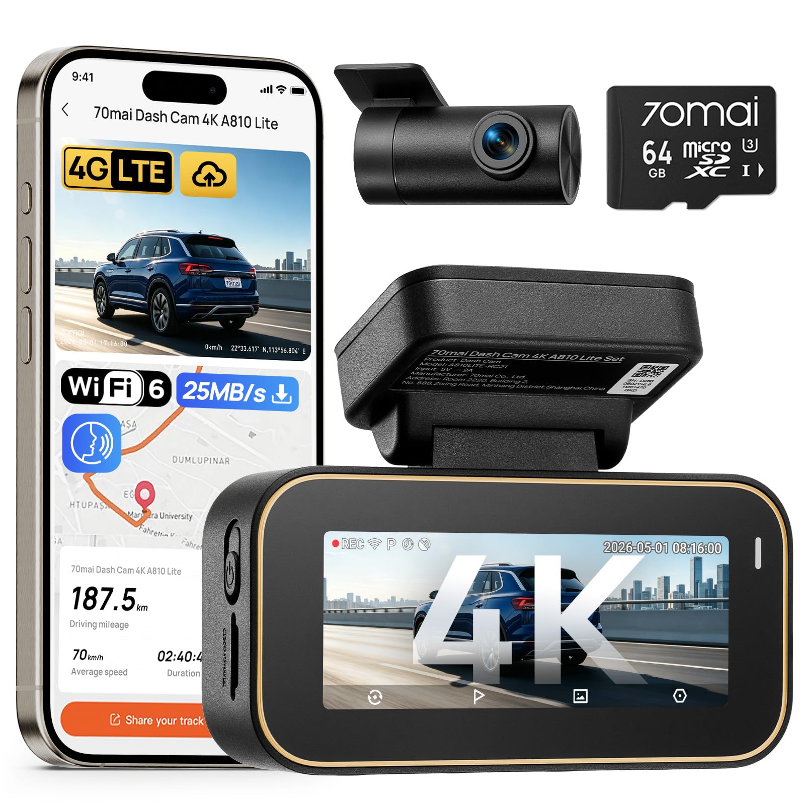 【800万画素4K超強暗視+64GB カード付属】 70mai Dash Cam 4K A810 L ...