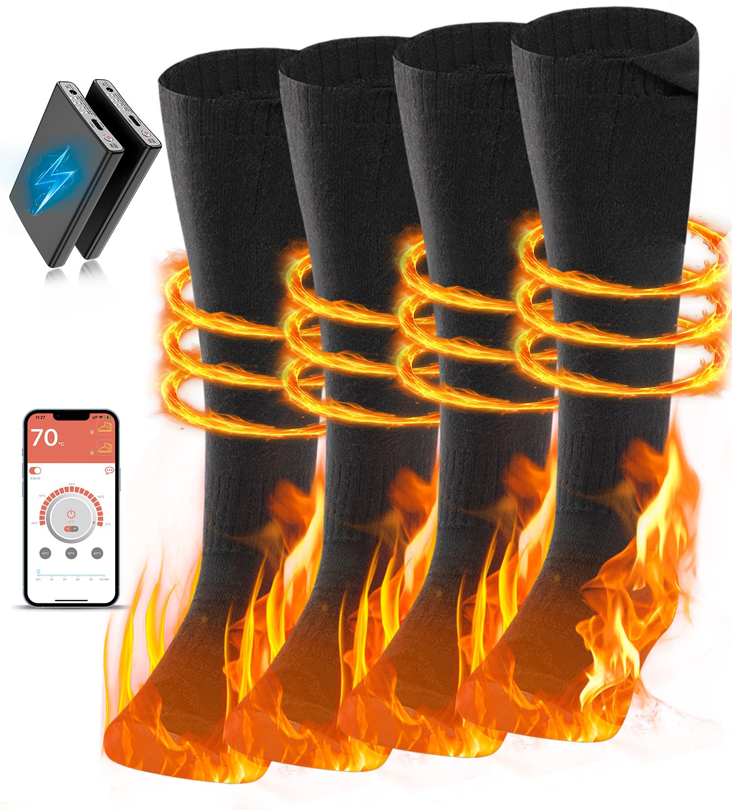 電熱ソックス 電熱靴下 6000mAhバッテリー2個付 アプリで温度制御 発熱ソックス 速暖 35・70℃無段階温..
