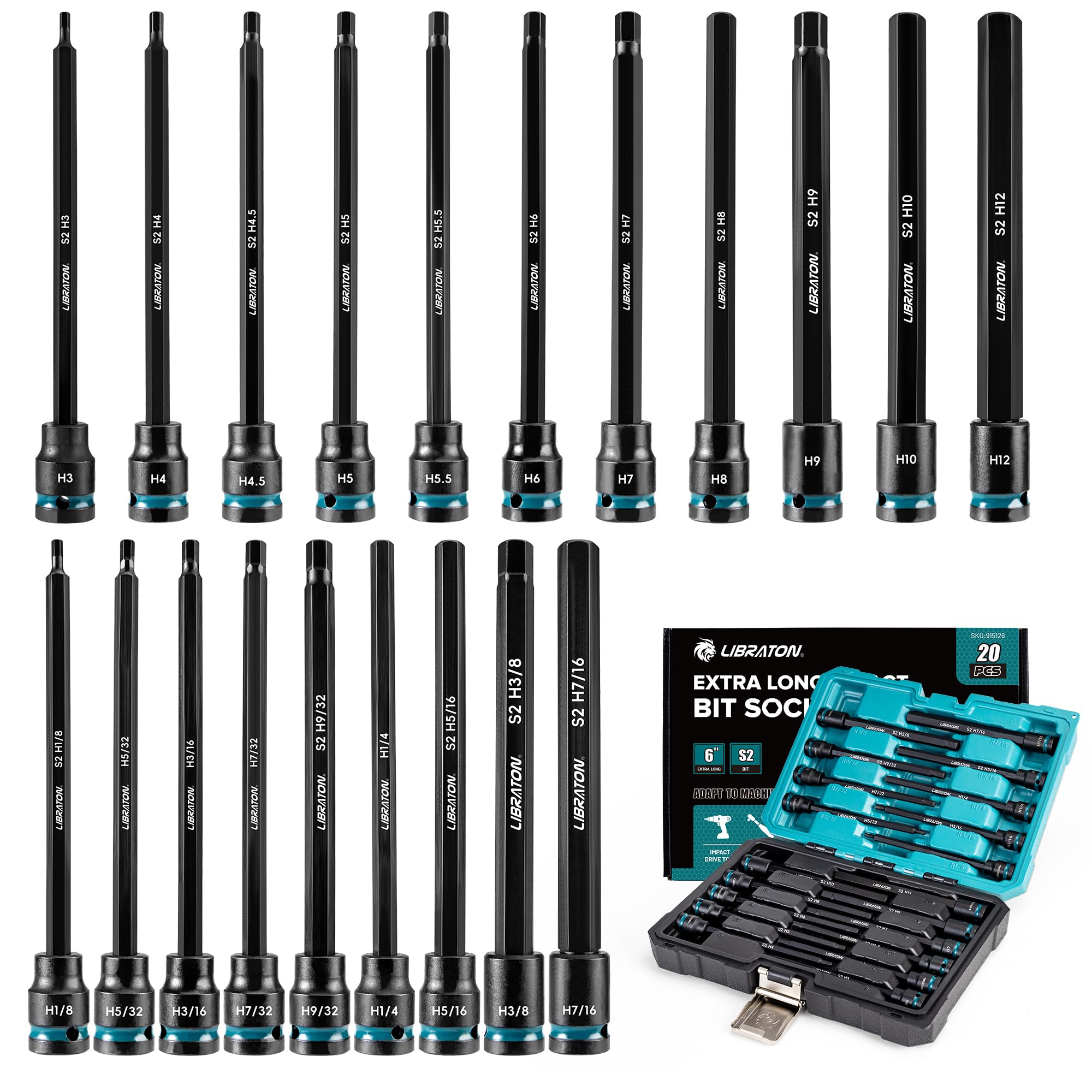 Rakuten - LIBRATON ヘキサゴンソケットセット 差込角 3/8インチ(9.5mm) ヘックスビットソケット S2鋼 インパクト用六角ビットソケット SAE・メートル規格 20本組 収納ケース付き