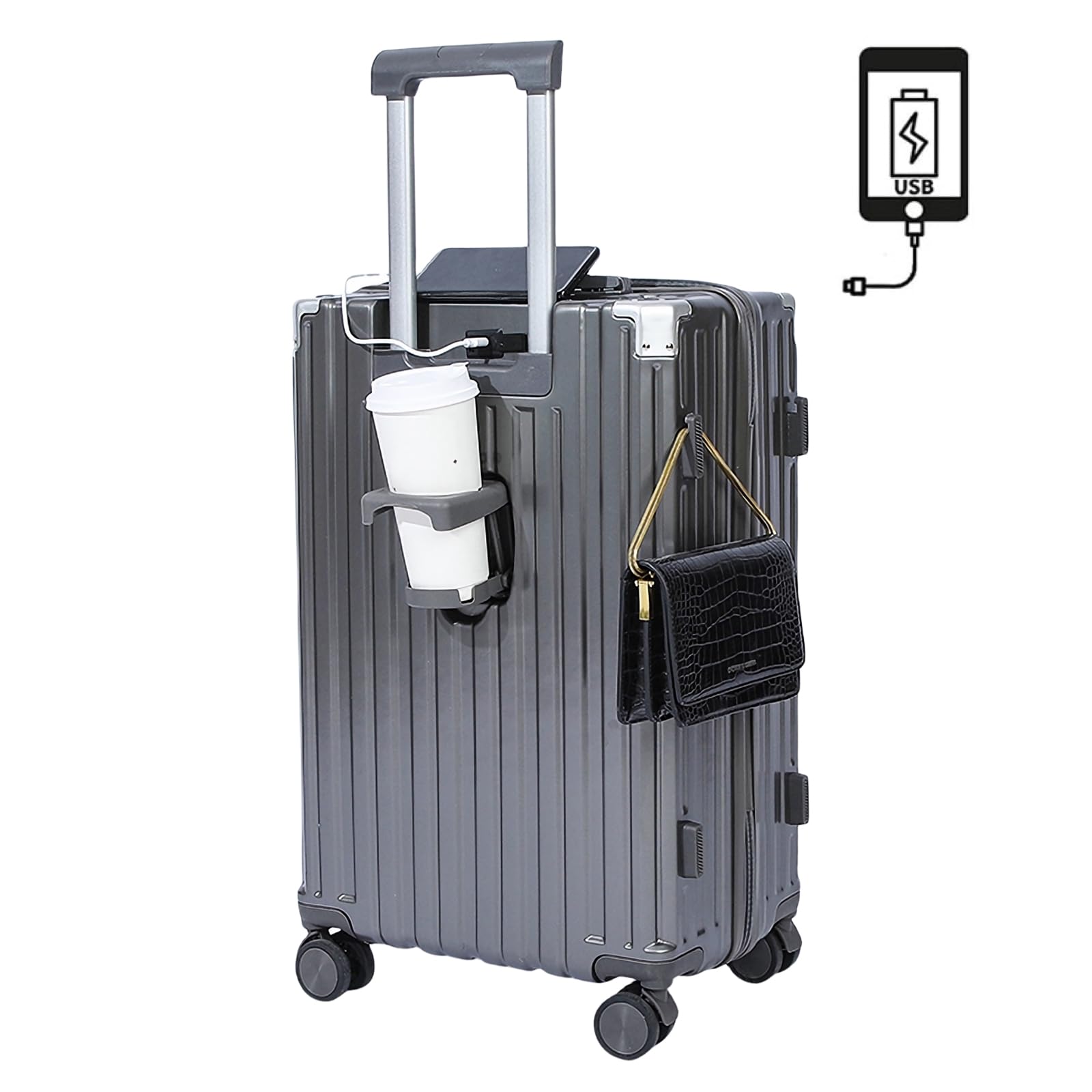 [SUPBOX] スーツケース 機内持ち込み キャリーケース USBポート付き キャリーバッグ カップホルダー付..