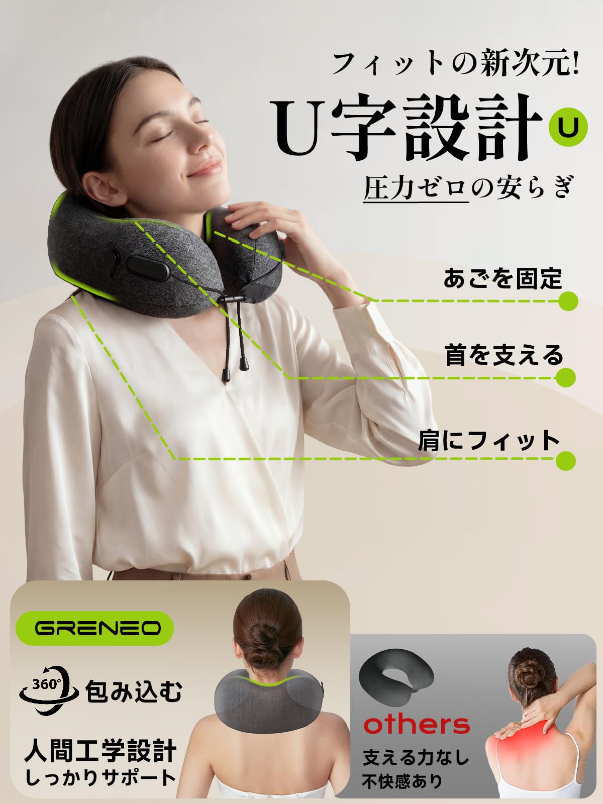 ネックピロー【超ミニ！超コンパクト】Greneo 首枕 飛行機 枕 超軽量 旅行 便利グッズ 人間工学が360°包み込む［収納&ポンプ2in1］10秒で急速充気 空気量調整可能 脱着式・洗濯機対応 抱き枕 旅行 便利グッズ 機内/新幹線/夜行バス/車中泊適 renew06-10026490 RENEW サンプル画像3