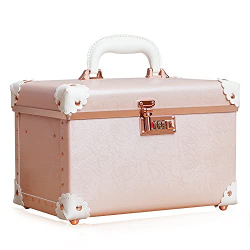 urecity ポータブルメイクアップトレインケース コスメティックオーガナイザーケース レザー収納ボックス コンビネーションロック付き