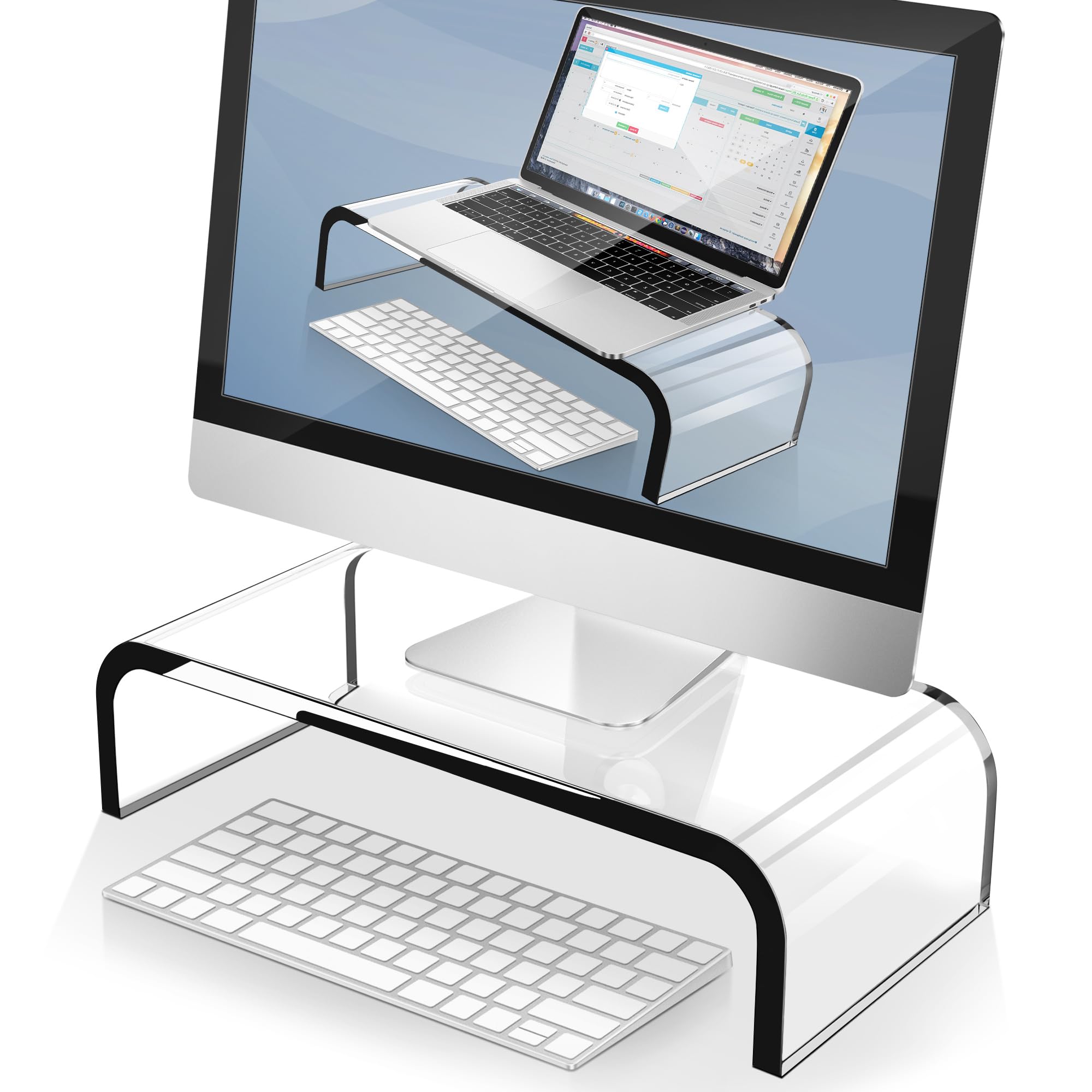 AboveTEK（アボーヴ テック）アクリル製モニター台 クリア iMac/ノートPCスタンド 机上台 大容量 収納ラック付き 幅51.8×奥行20.3×高さ8.9cm 丈夫 デスクボード 耐荷重22.7kg 卓上 組み立て不要 姿勢改善 目線アップ