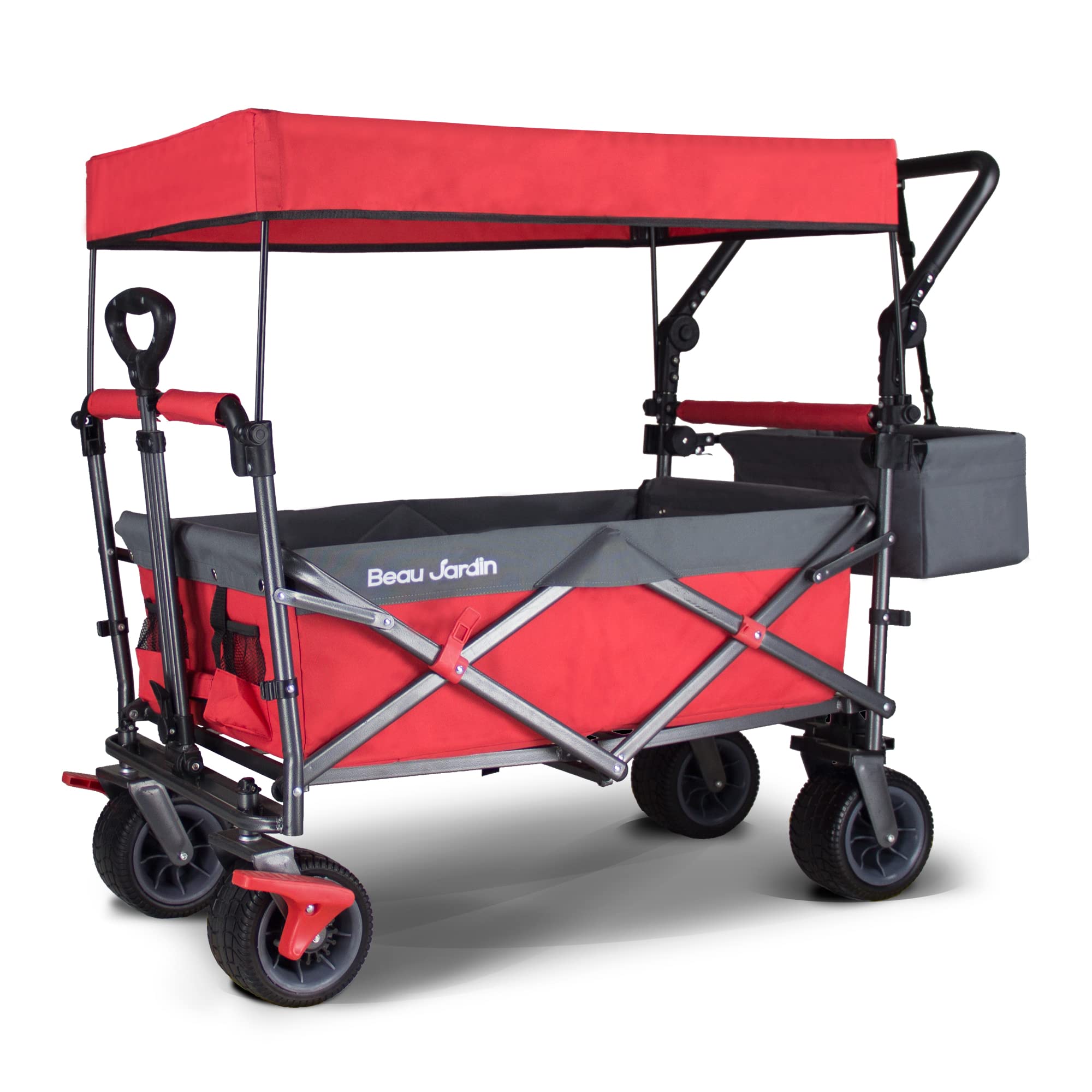 TMZ折りたたみ式全地形ガーデン車両、屋外キャンプキャンプ車両、取り外し可能なルーフ、伸縮式プルロッド、マルチスピード調整可能プッシュロッド、特許取得済みの後輪回転折りたたみ式車両、100リットルの 最大負荷120KG (赤と灰の混合)