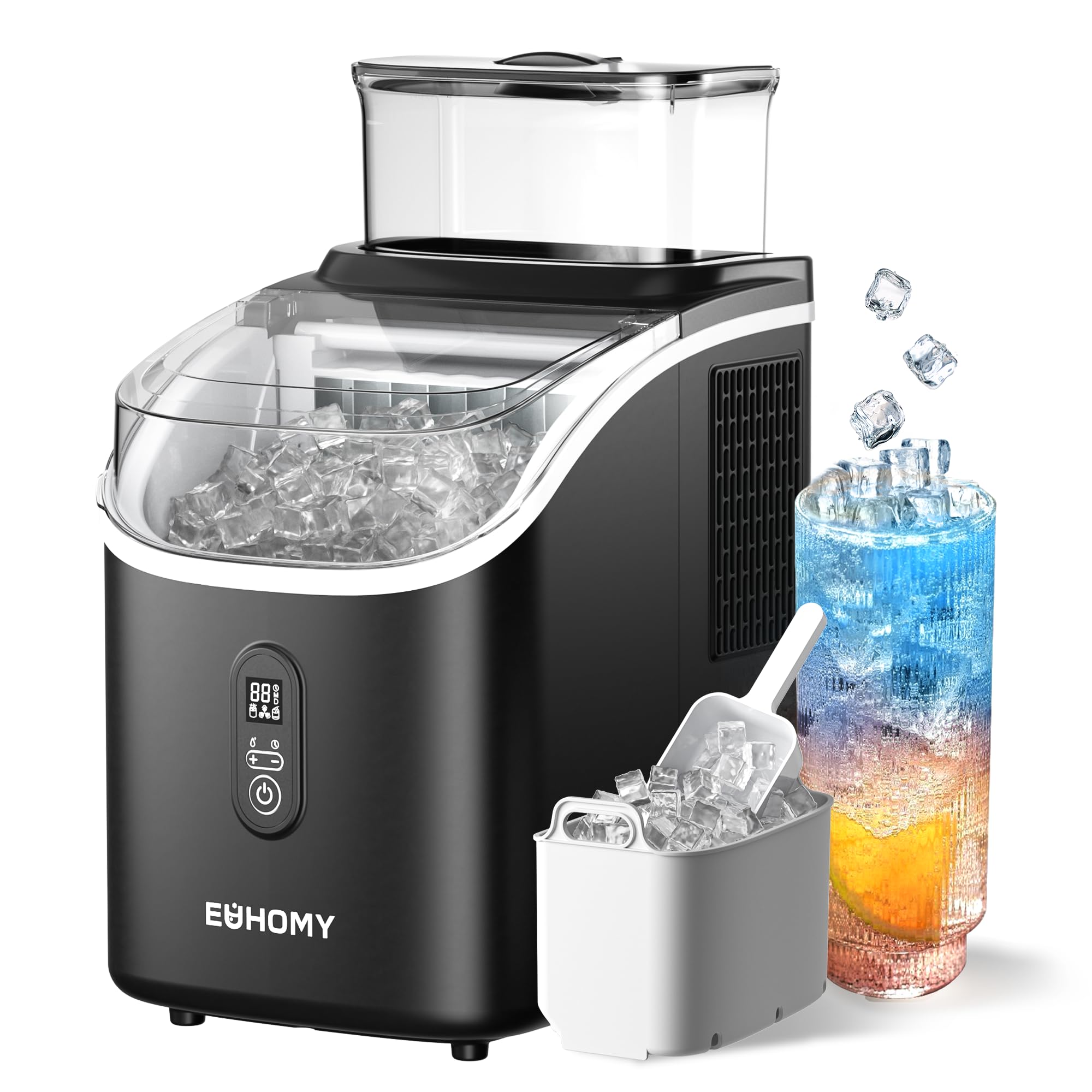 EUHOMY 製氷機 家庭用 【四角い透明氷 高速製氷】8分16個 42dB静音性 2L大容量 クリア氷 小型製氷機 タイマー機能 自動洗浄機能 氷サイズ調節可能 2通りの給水方法 氷バスケット ポータブル アイスメーカー 氷つくり機 製氷器 晩酌 家飲み