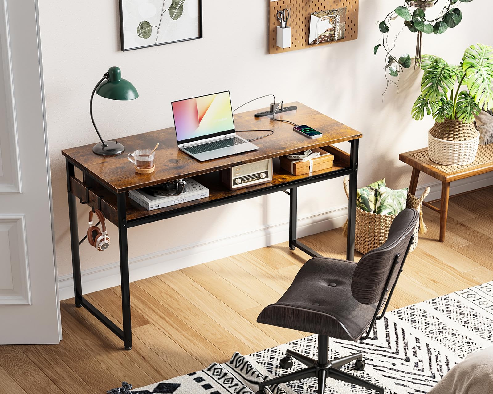 ODK 机 pcデスク パソコンデスク 幅100cm ゲーミングデスク 収納付き コンセント付き 勉強机 computer desk 桌子 ワークデスク ??桌 フック2個付き コンパクト テレワーク用 省スペース 組立簡単 ビンテージ