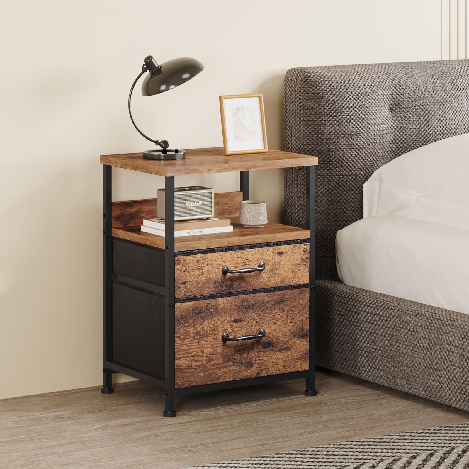 YeTom サイドテーブル 2つ引き出し付き 寝室 ナイトテーブル おしゃれ ミニ サイドチェスト 北欧 洋服 タンス 収納チェスト 3段 ソファ ベッドサイドテーブル 40*29.8*53.5cm 天板付き 収納付きテーブル キャビネット シンプル ピン