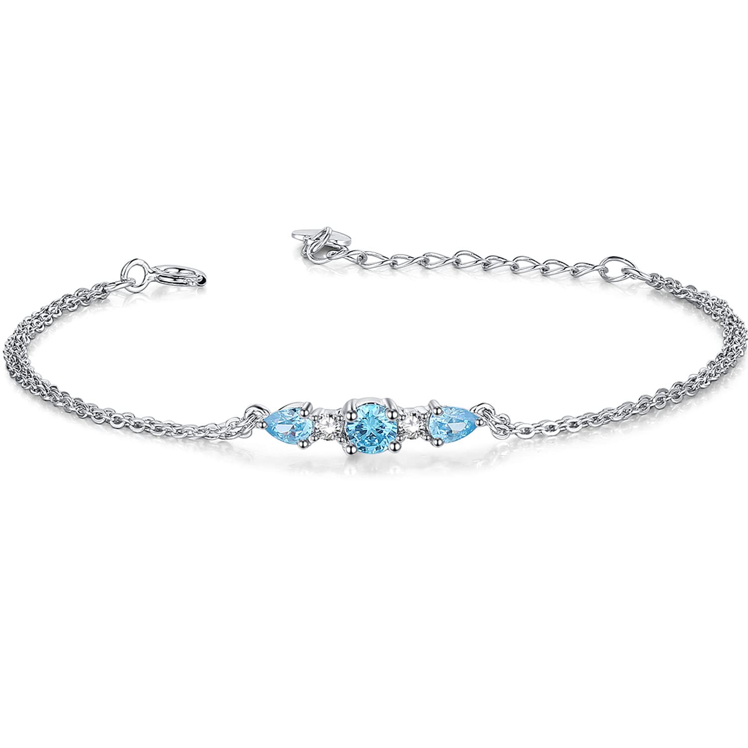 ブレスレット レディース 3石 アクアマリン 3月 誕生石 2連 お花 シルバーブレスレット 女性 アクセサリー プラチナメッキ 誕生日 クリスマス ホワイトデ...