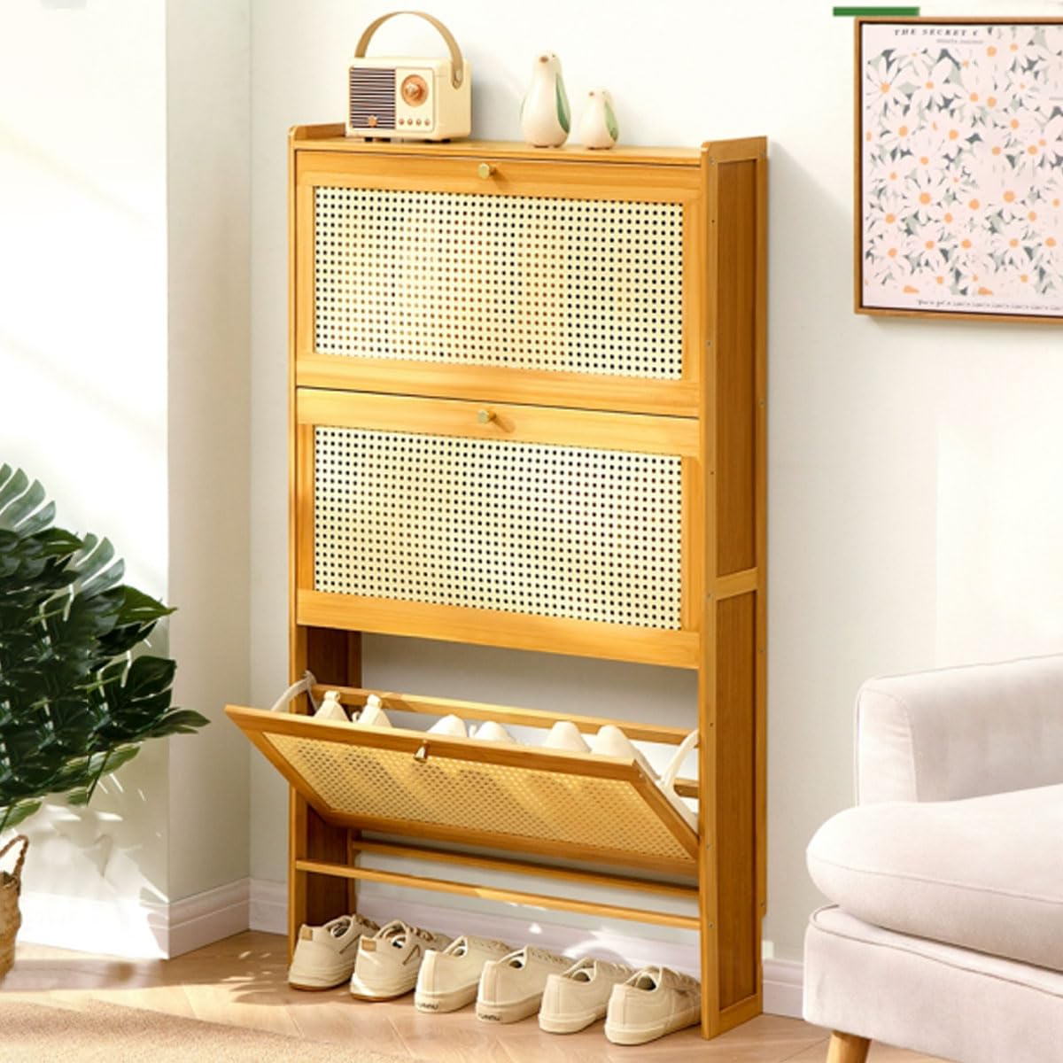 Yumcute シューズボックス 薄型 スリム 幅70CM 3段 大容量 靴箱 下駄箱 シューズラック 通気性 天然竹..
